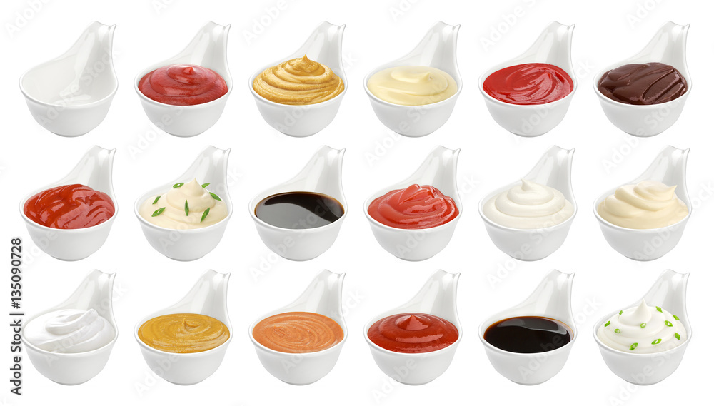 Set of different sauces isolated on white