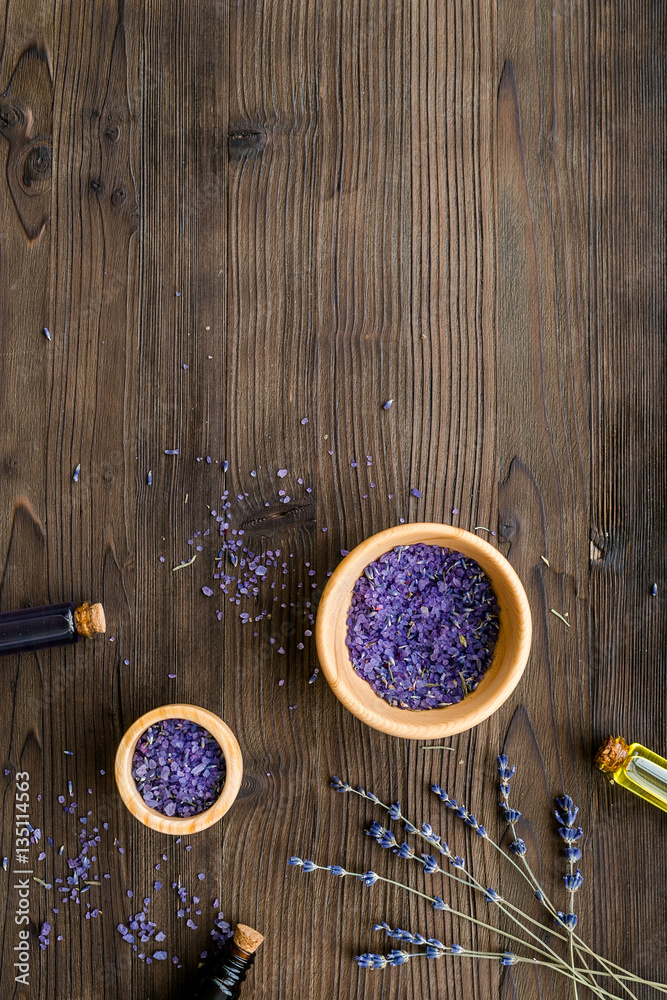 organic cosmetics with lavender on wooden background top view