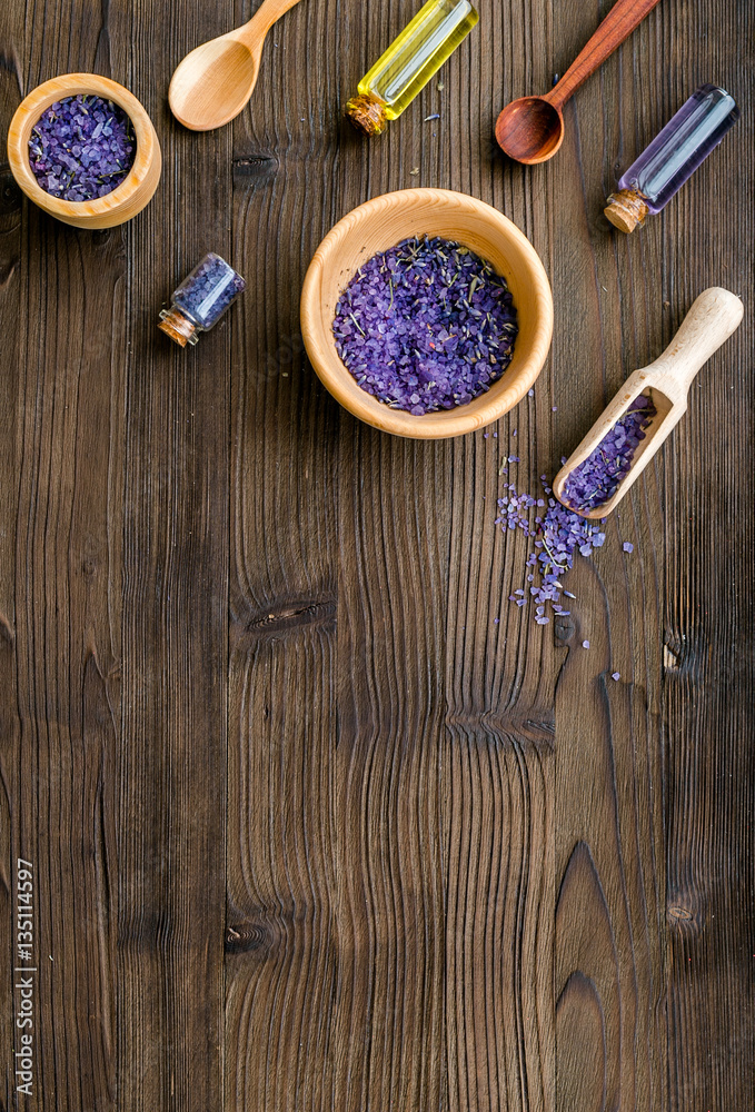 organic cosmetics with lavender on wooden background top view