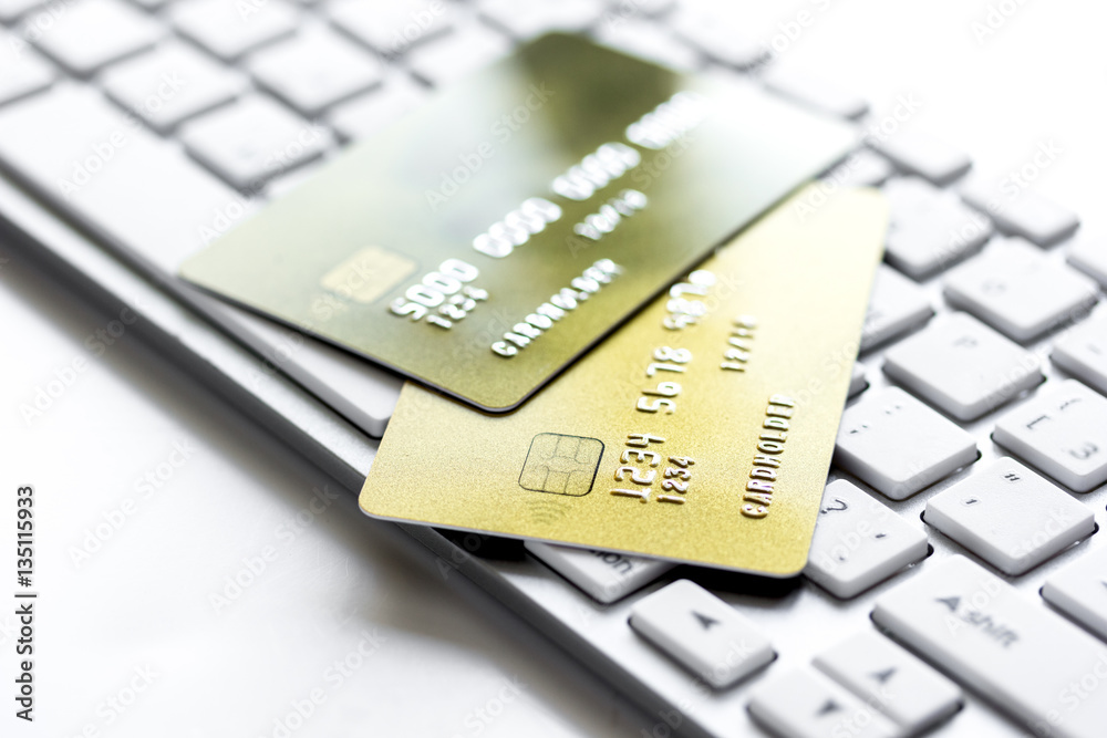 Credit cards on the keyboard close up