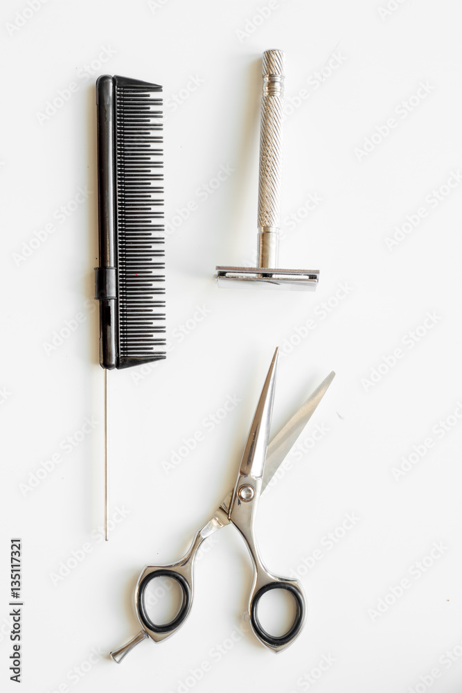 Mens hairdressing desktop with tools for shaving top view