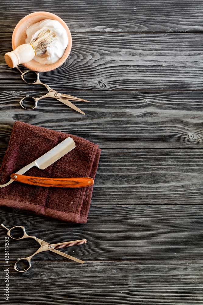 Tools for cutting beard barbershop top view on wooden background