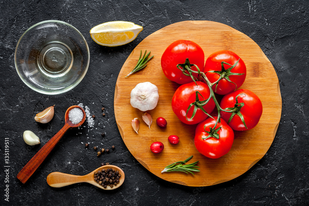 concept composing recipe on dark background top view