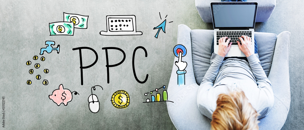 PPC text with man using a laptop