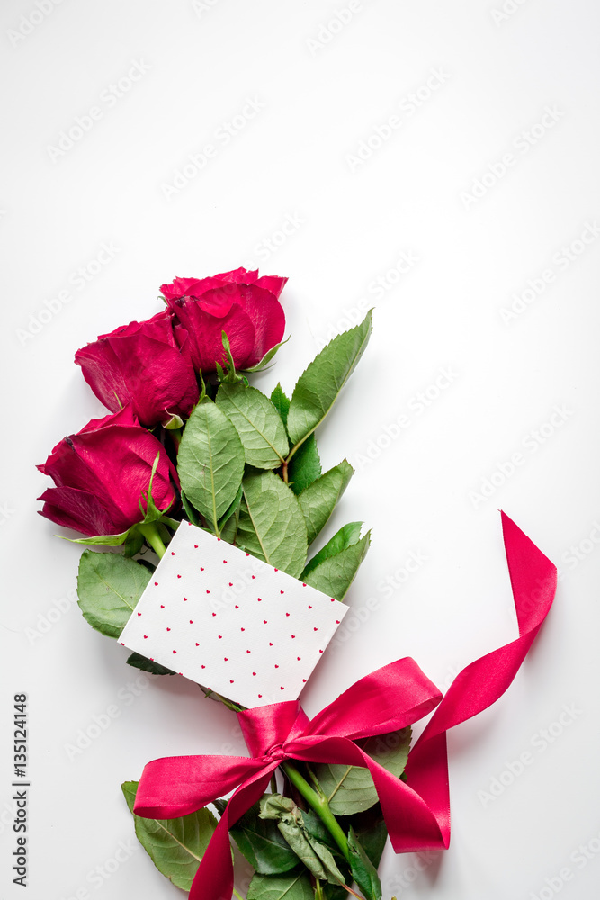 concept Valentines Day with flower white background top view