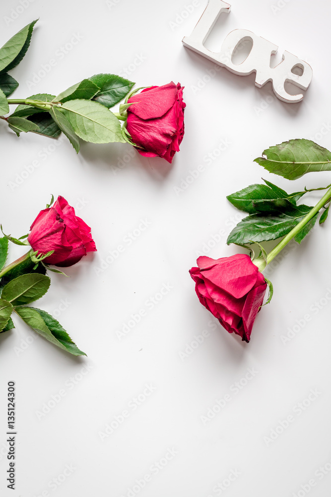 concept Valentines Day with flower white background top view