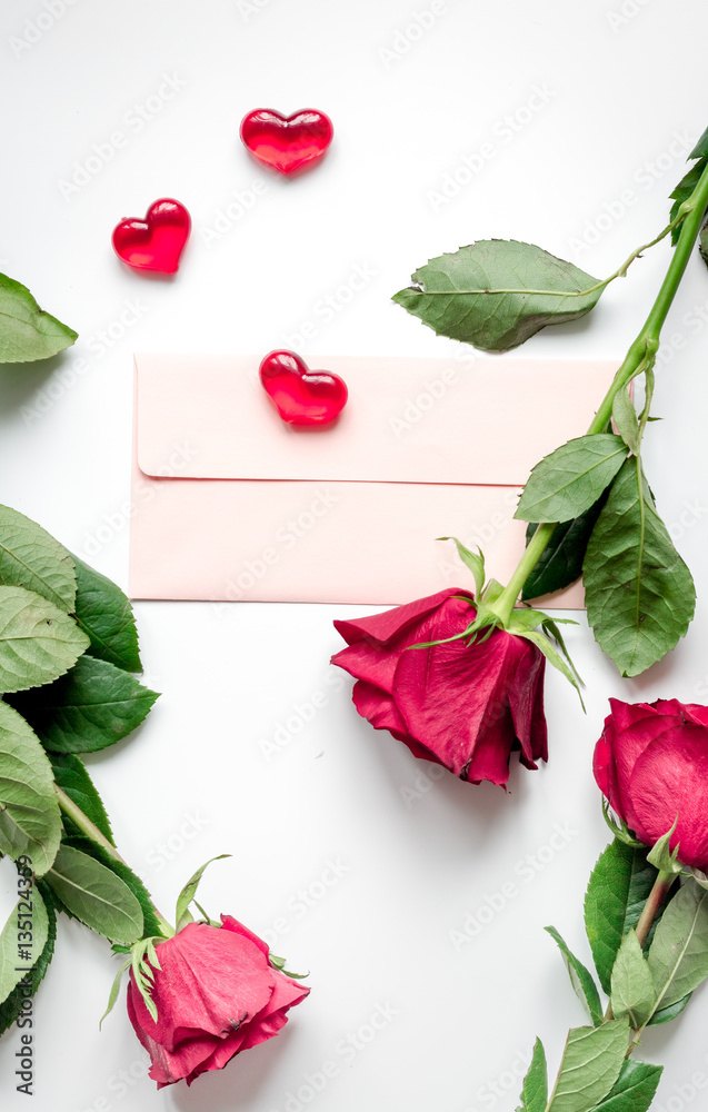 concept Valentines Day with flower white background top view