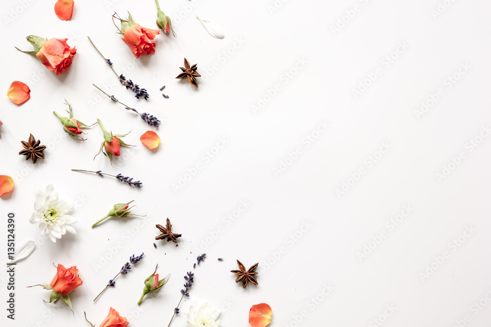 pattern of flowers on white background top view mock up