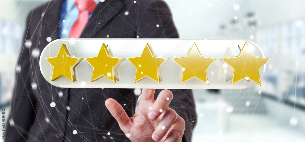 Businessman rating stars with his hand 3D rendering