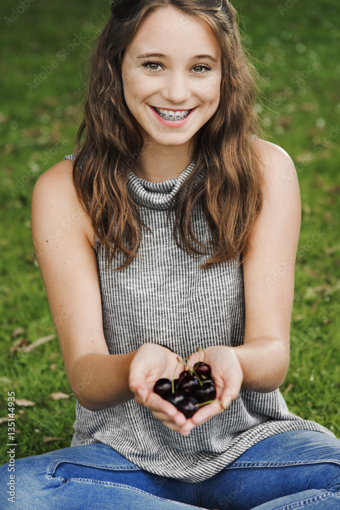 Girl Handful Cherry Smiling Happiness Outdoors Concept