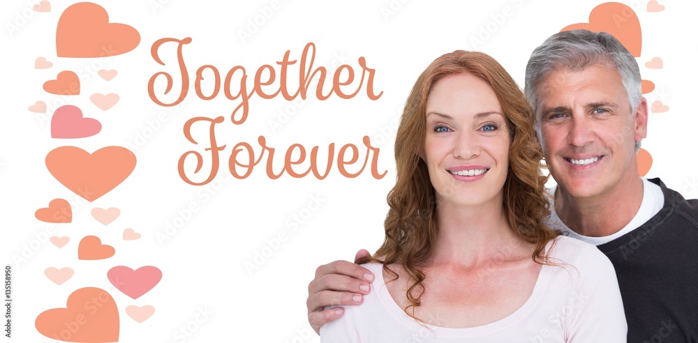 Composite image of casual couple smiling at camera