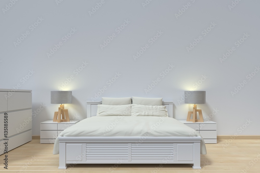 The interior has a White sofa and lamp on empty white wall background,3D rendering