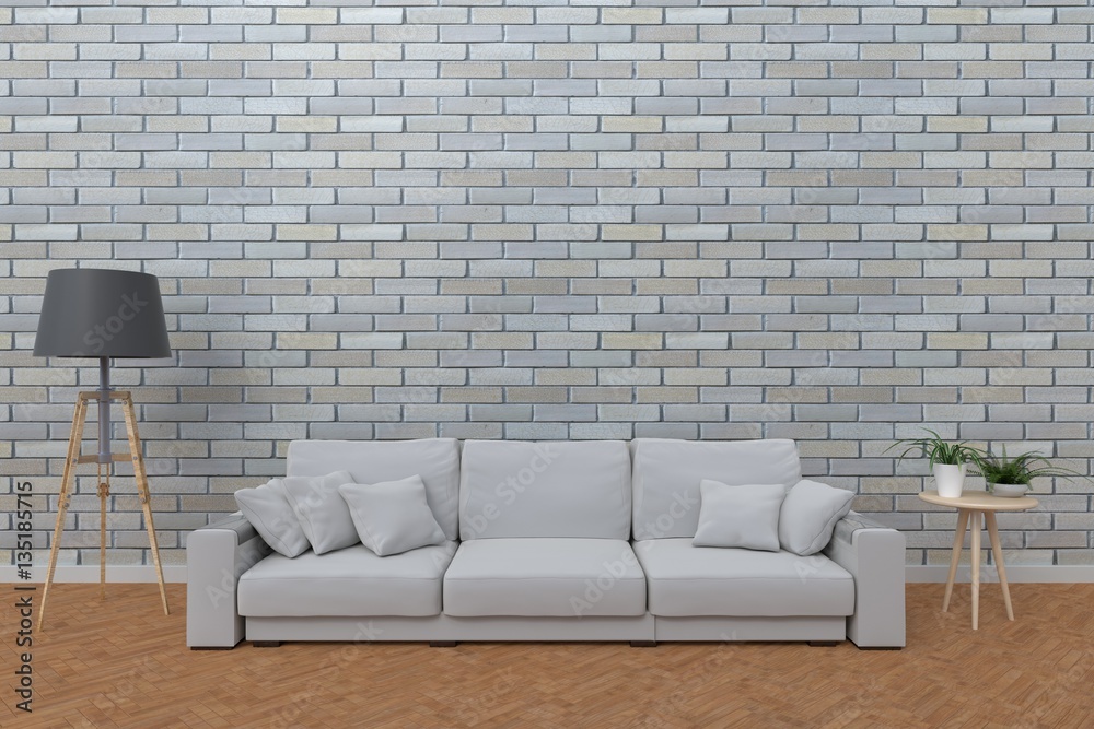 The interior has a White sofa and lamp on empty white wall background,3D rendering