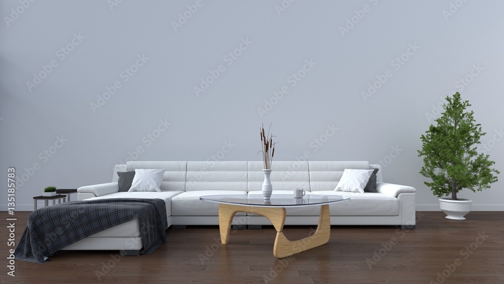 The interior has a White sofa and lamp on empty white wall background,3D rendering