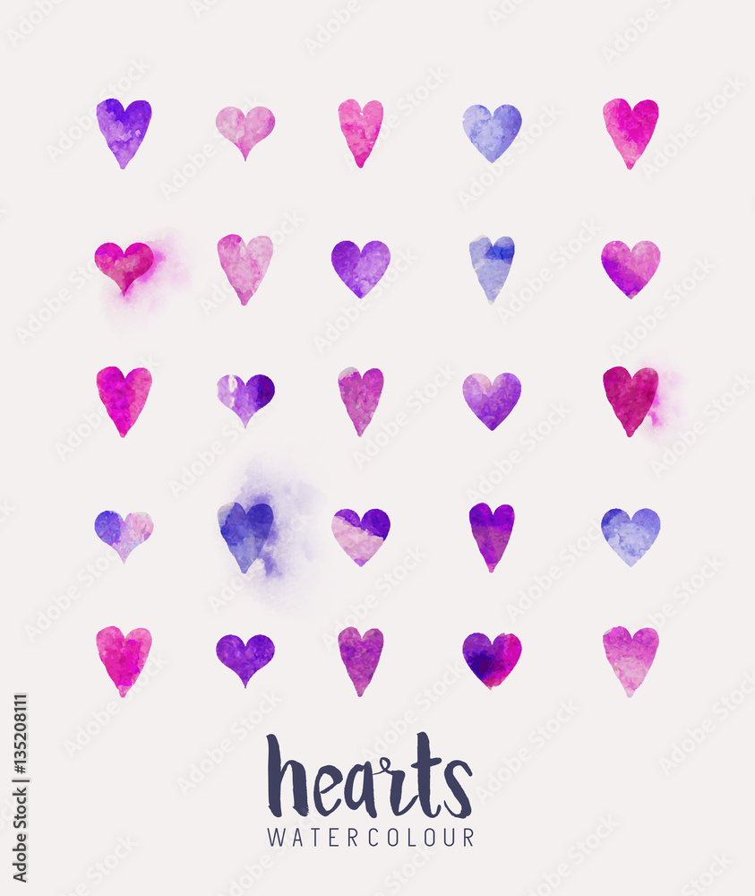 A collection of love hearts in watercolour. Vector illustration