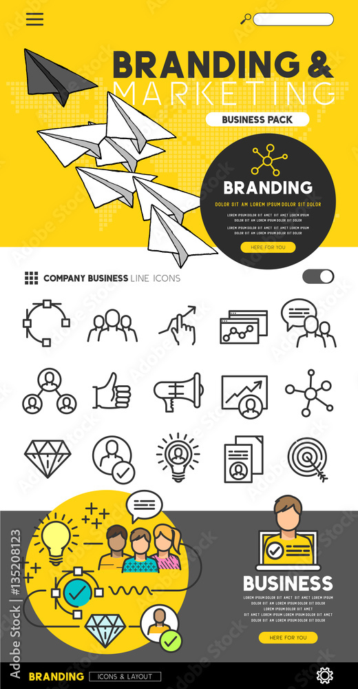 Business branding and marketing set with flat line icons and illustrations - vector collection.