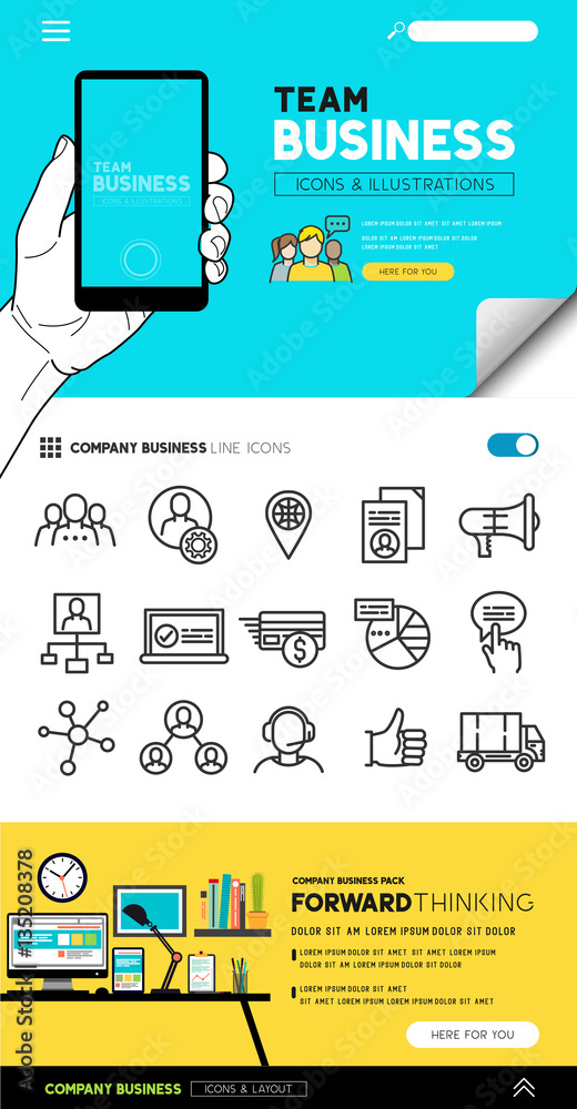 Business layout designs with flat icon set and people illustrations - vector collection.