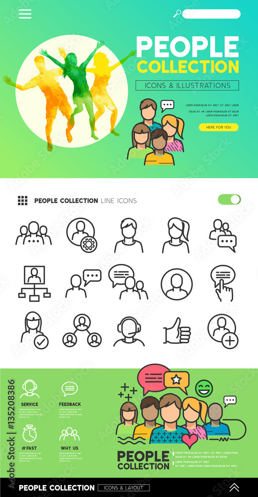 People icons and illustrations with teams and connecting groups. Vector illustration.