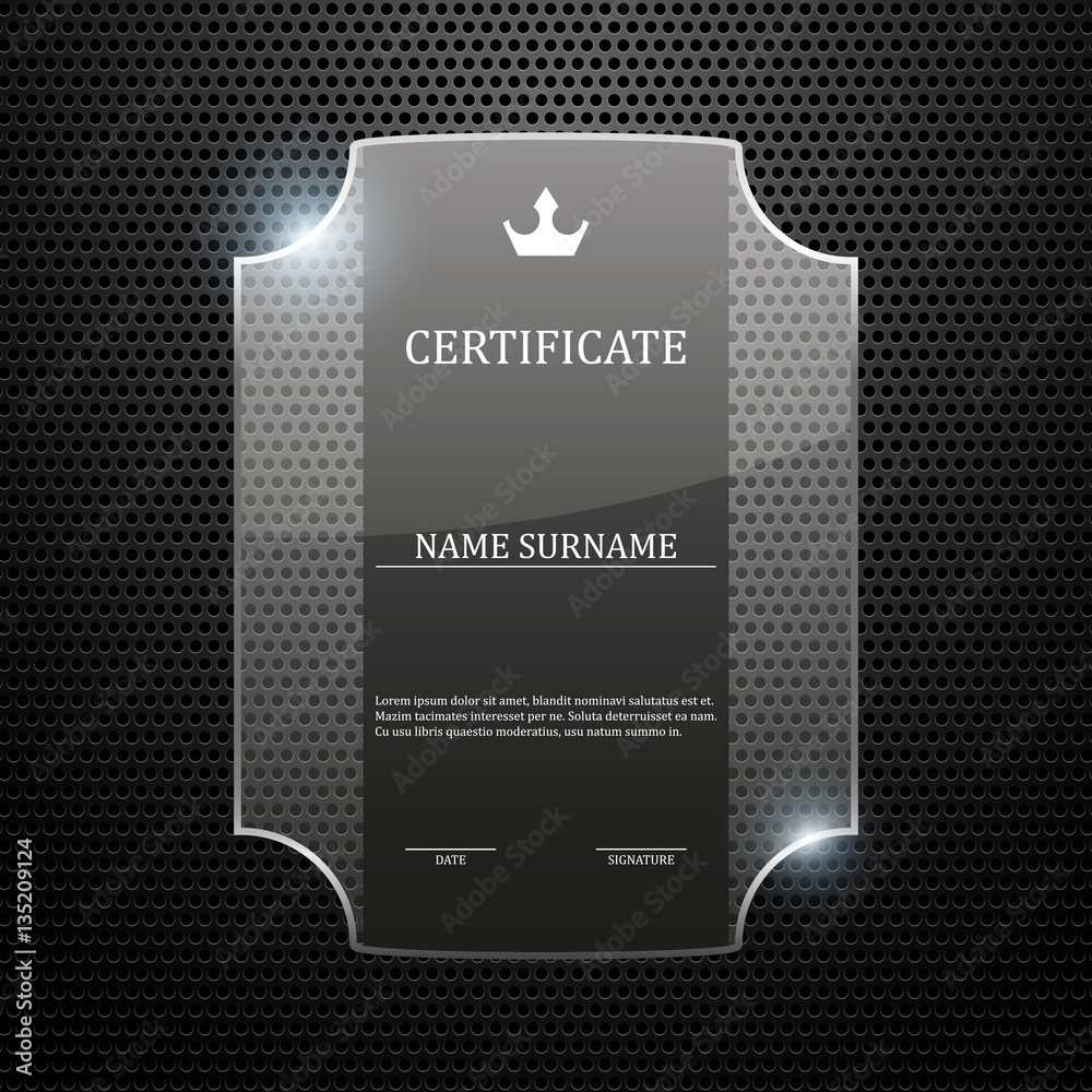 Glass certificate on abstract metal background, vector illustration