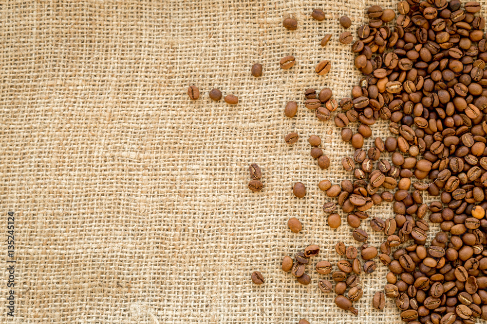 beans, ground coffee on linen cloth top view mock up