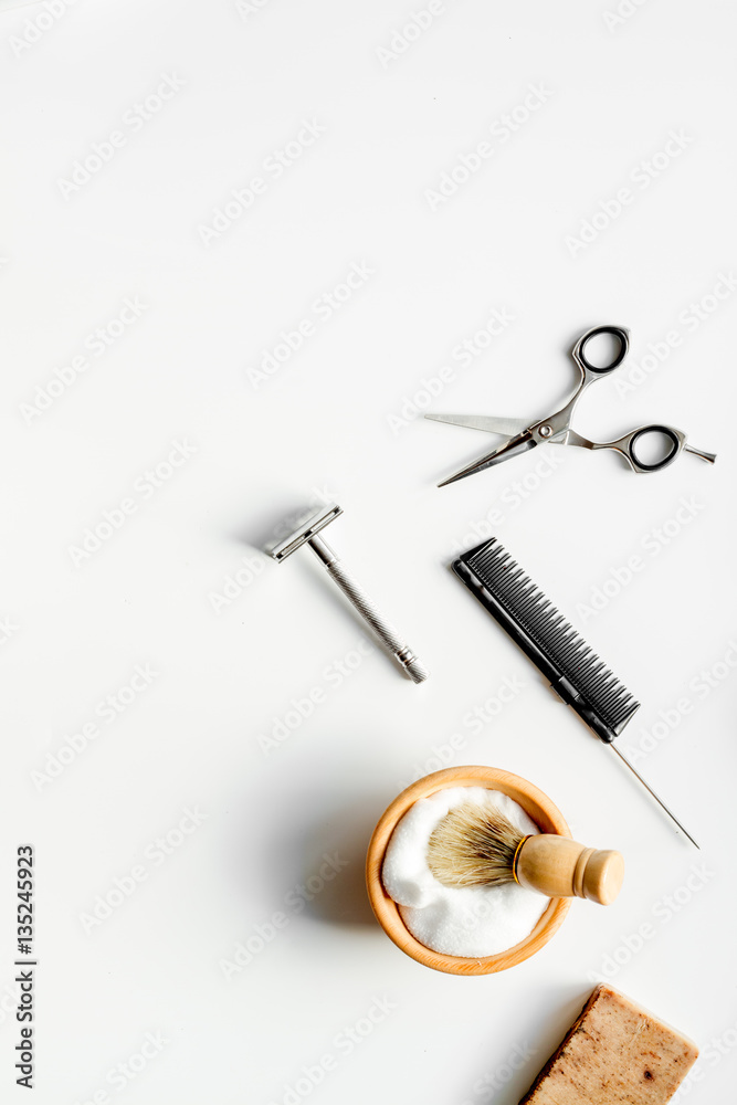 Mens hairdressing desktop with tools for shaving top view