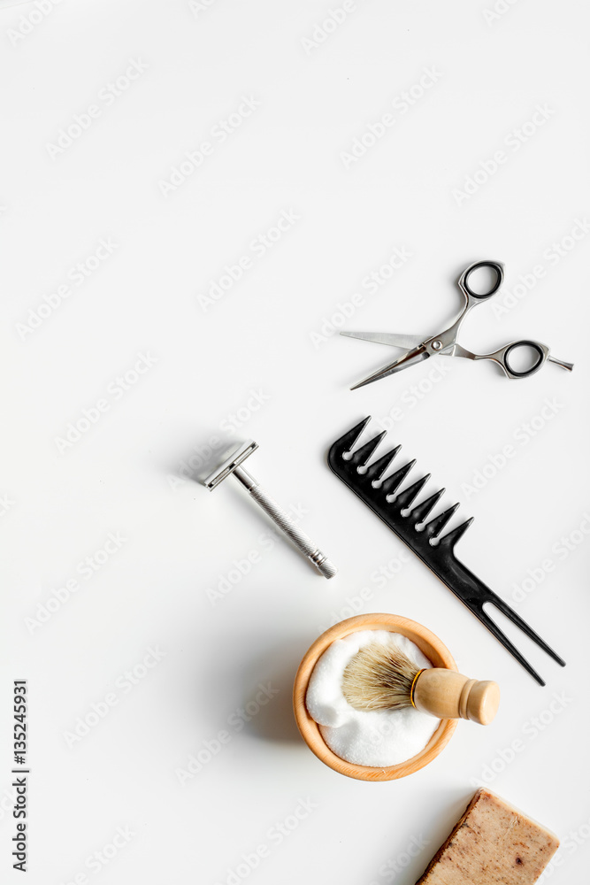 Mens hairdressing desktop with tools for shaving top view