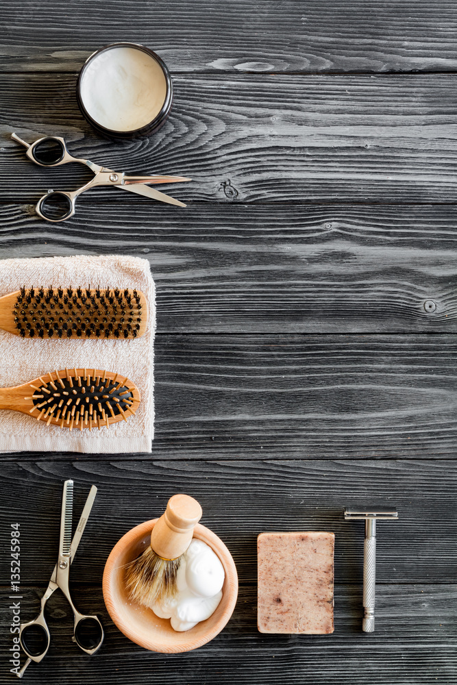 Tools for cutting beard barbershop top view on wooden background