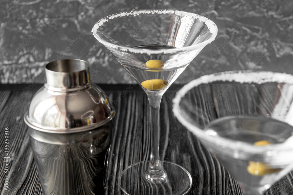 martini cocktail at wooden background close up