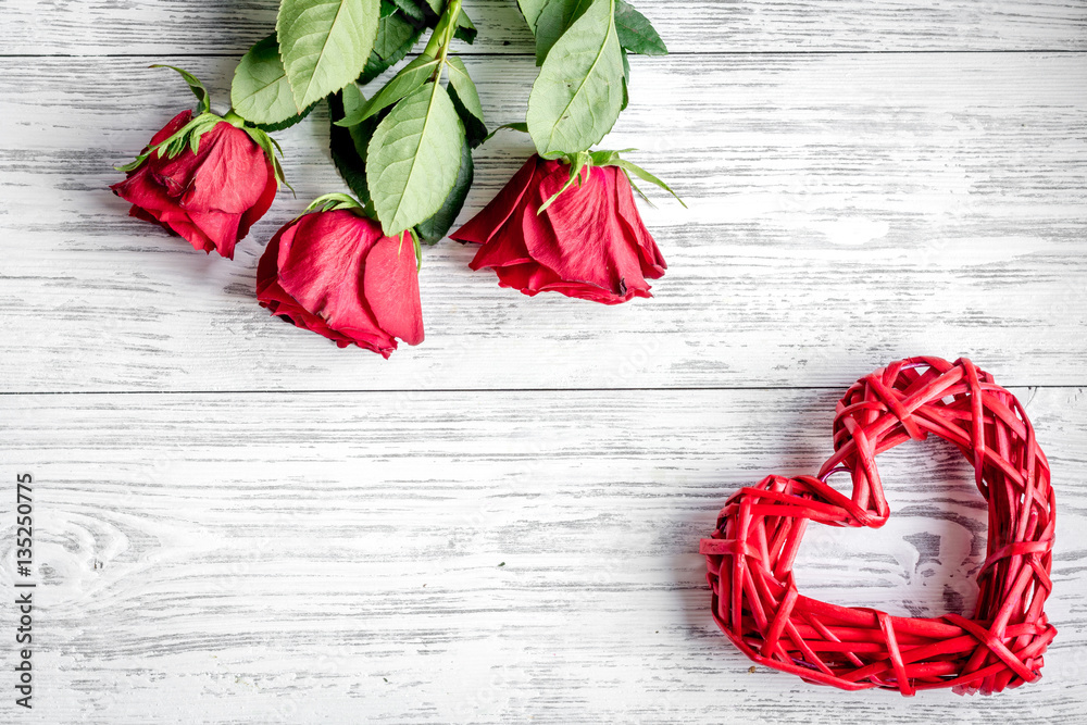 concept Valentines Day with flower wooden background top view