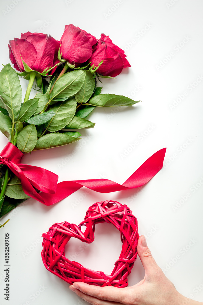 concept Valentines Day with flower white background top view