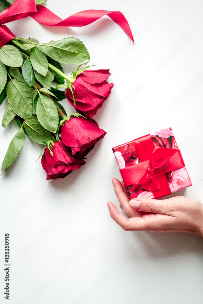 concept Valentines Day with flower white background top view