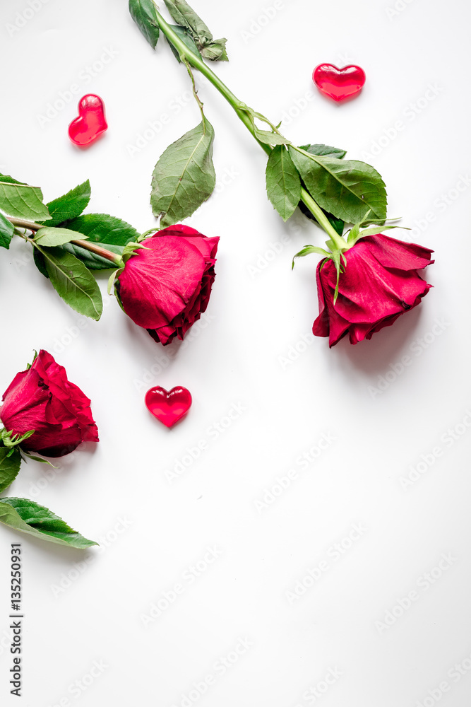 concept Valentines Day with flower white background top view