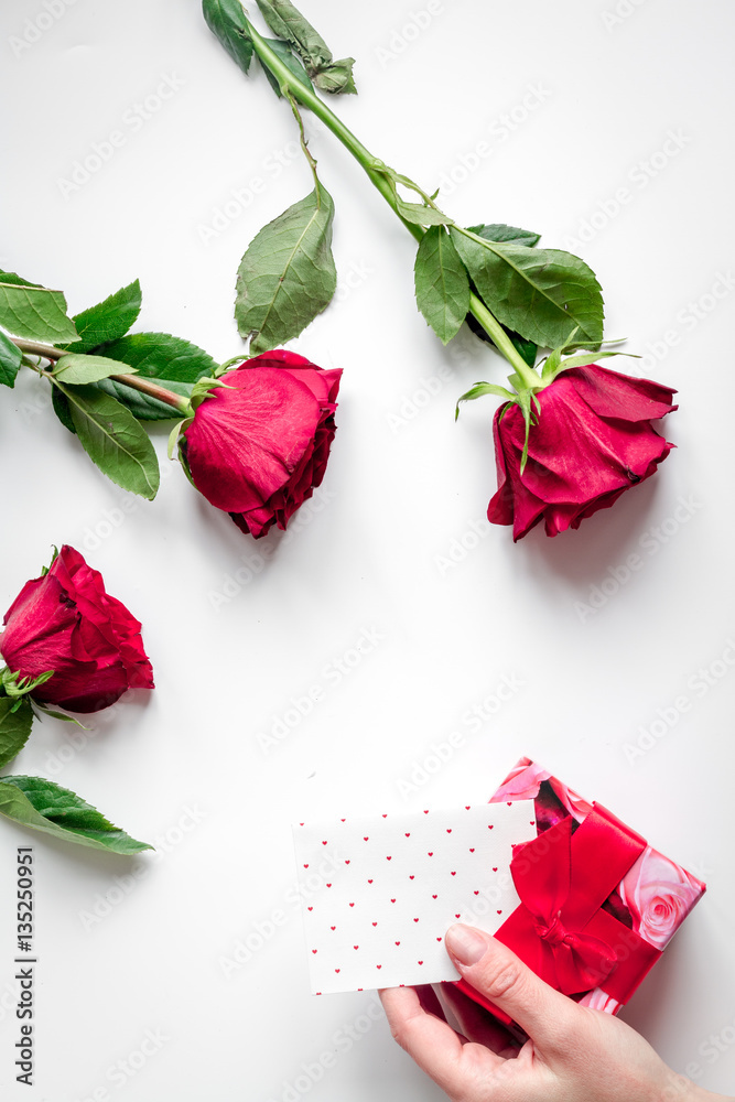 concept Valentines Day with flower white background top view