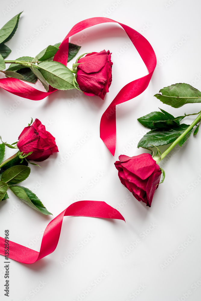 concept Valentines Day with flower white background top view