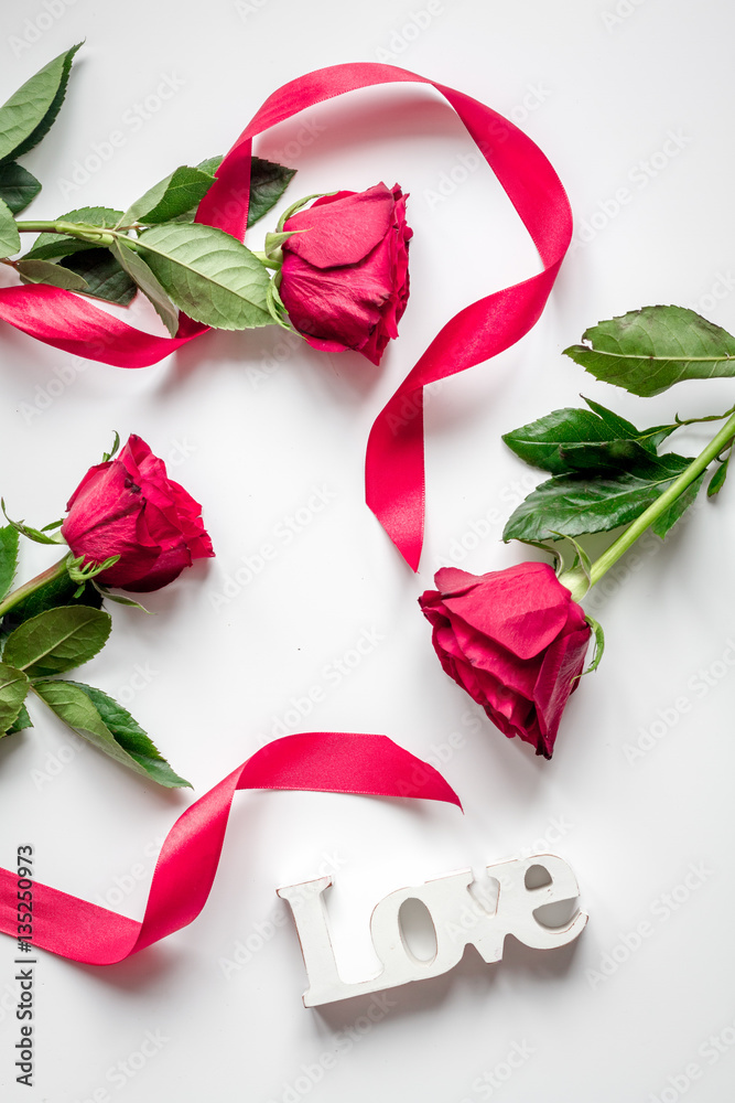 concept Valentines Day with flower white background top view