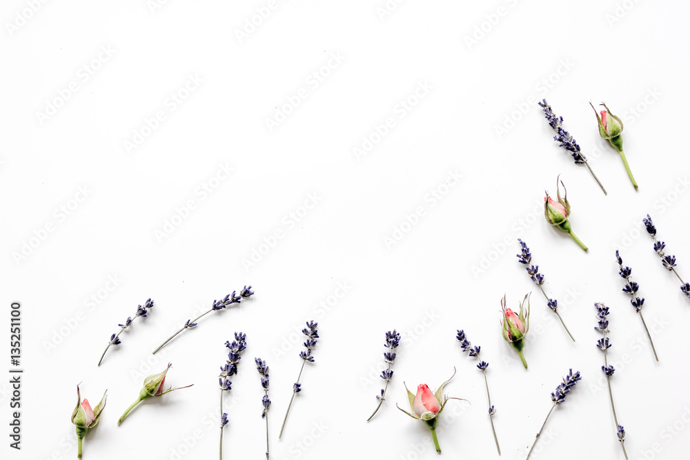 pattern of flowers on white background top view mock up