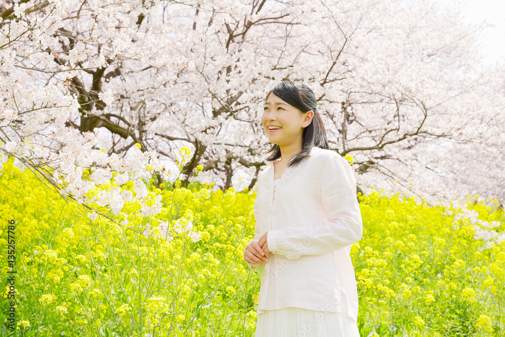 女性　桜　菜の花