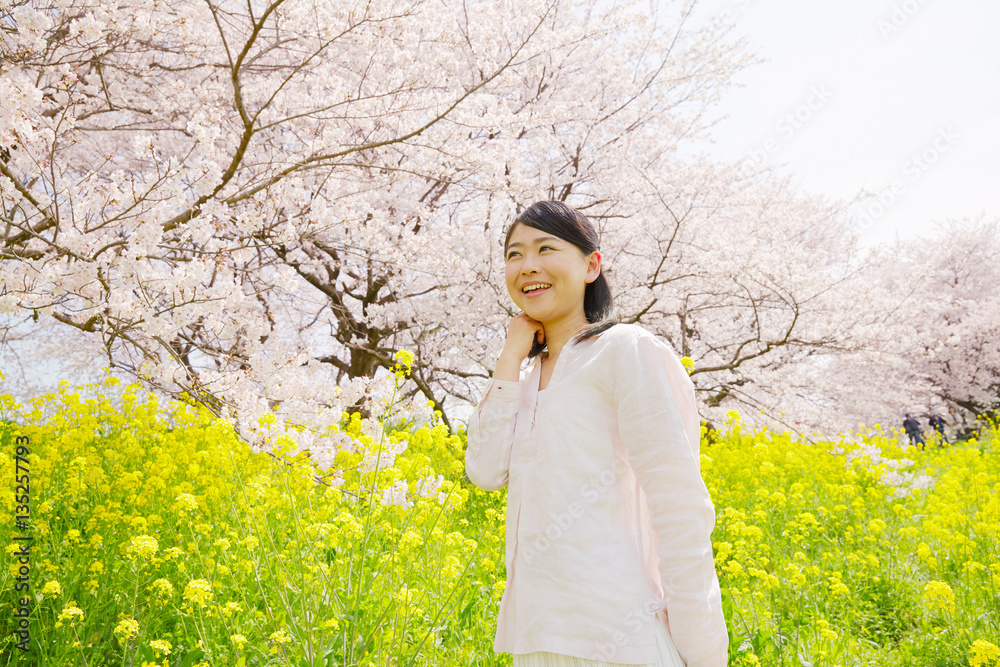 女性　桜　菜の花