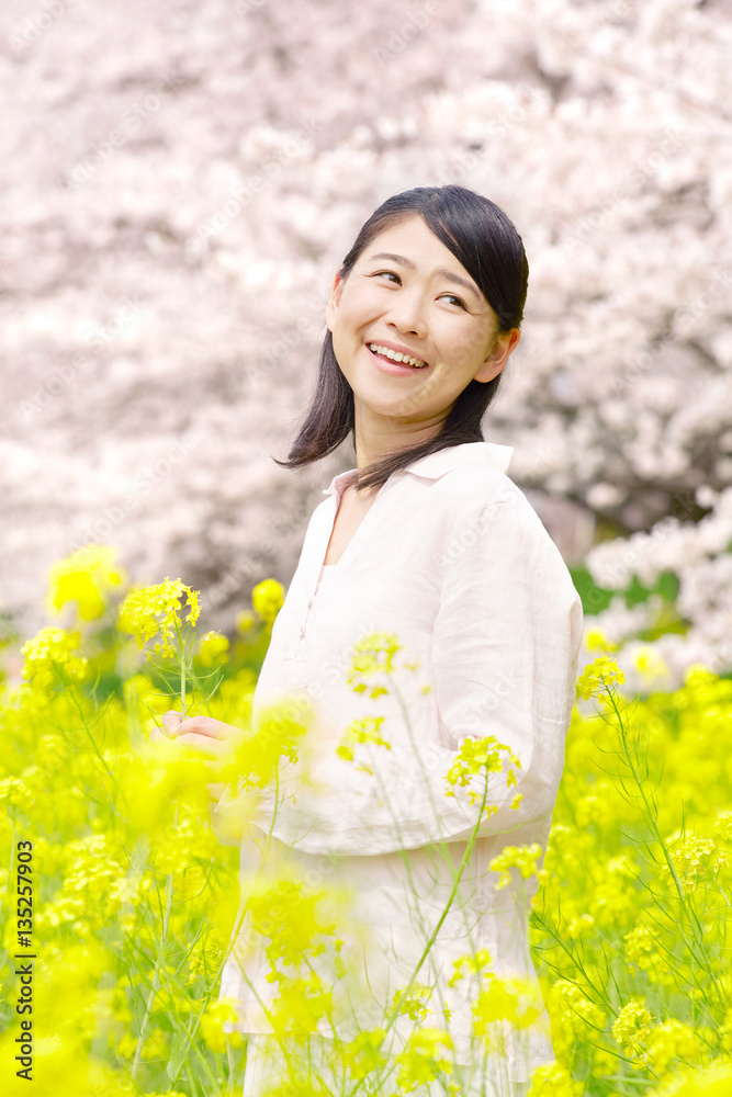 女性　桜　菜の花