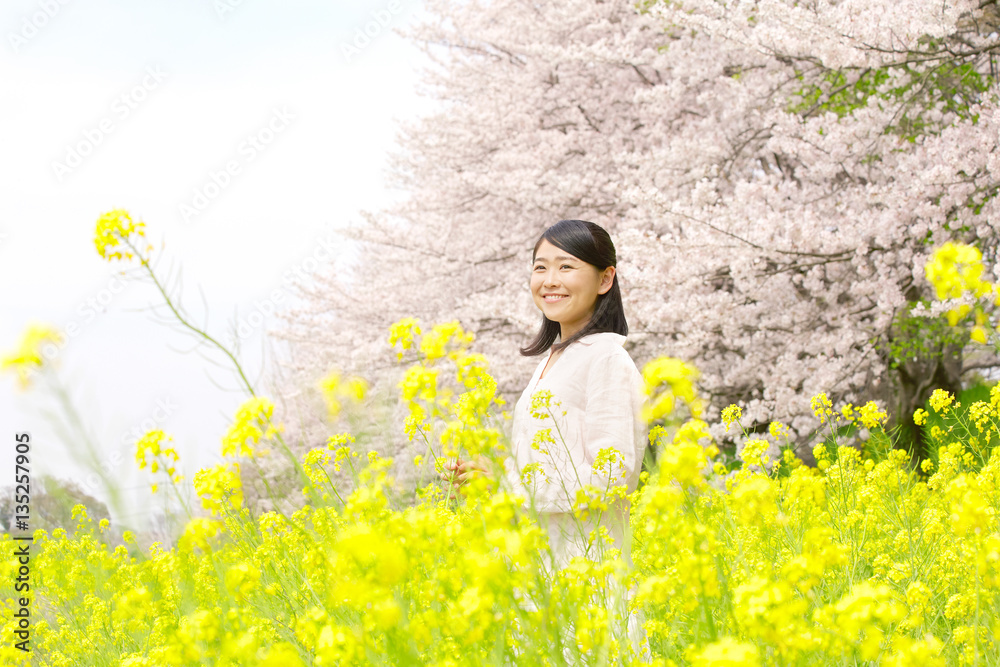 女性　桜　菜の花