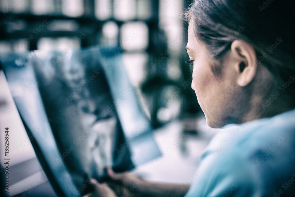 Nurse examining X-ray report