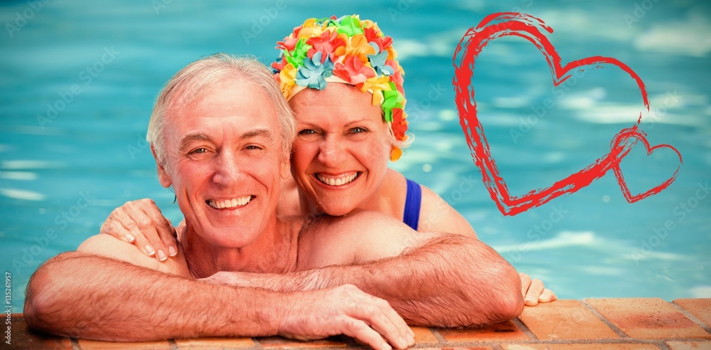 Composite image of happy mature couple in the swimming pool 