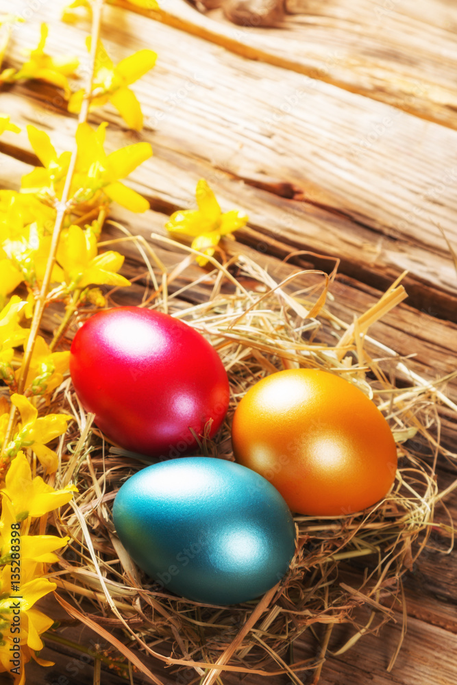 Easter eggs in nest placed on wooden board