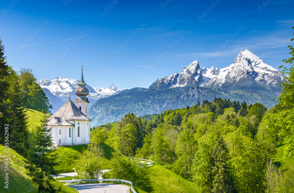 Pilgrimage church Maria Gern with snowy Watzmann