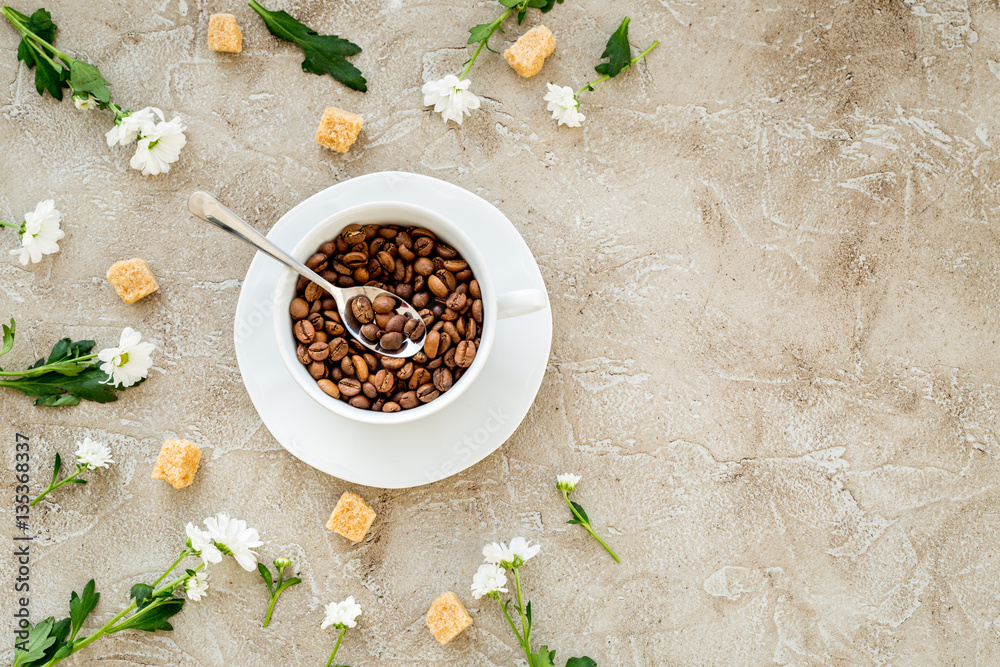 coffee beans on gray table top view mock up