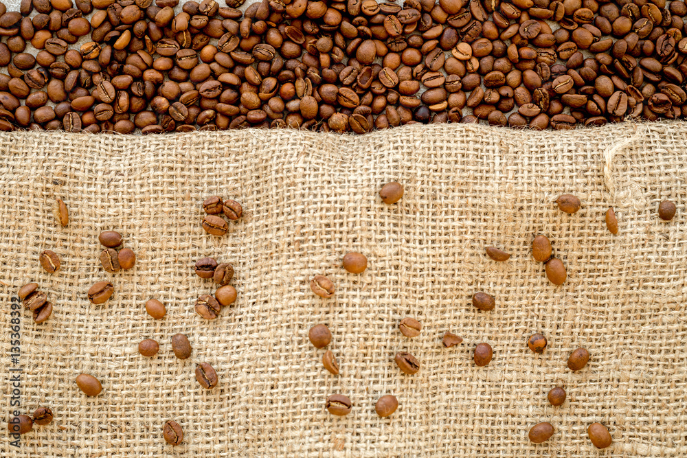 beans, ground coffee on linen cloth top view mock up