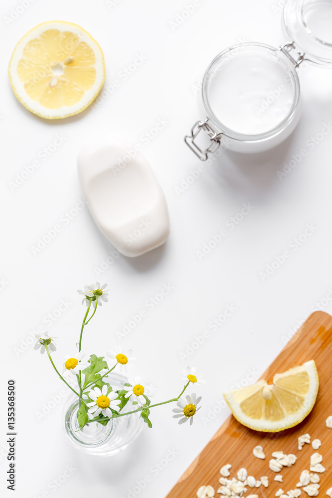 natural organic cosmetics for baby on white background top view