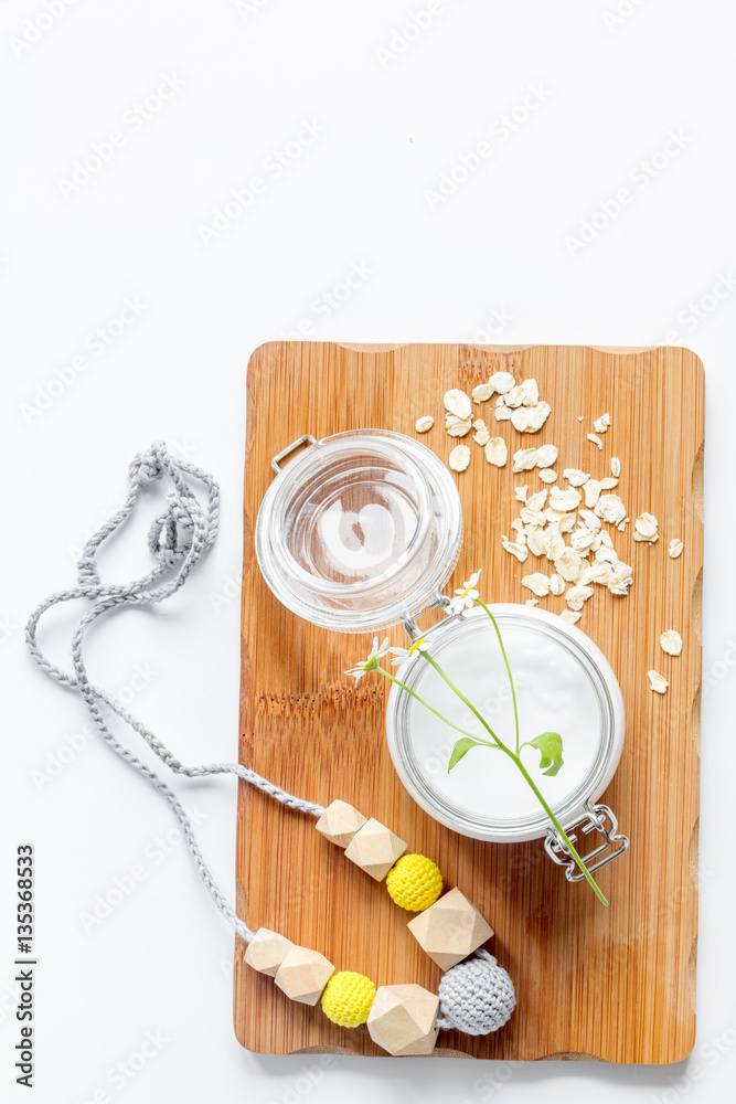 natural organic cosmetics for baby on white background top view