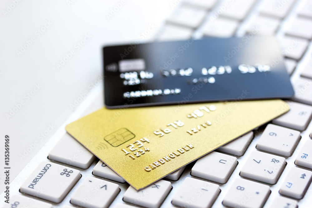 Credit cards on the keyboard close up