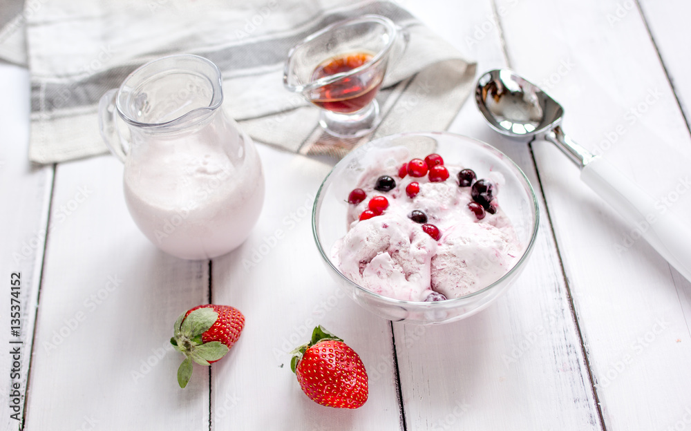 organic homemade ice cream in glass bowl on wooden background